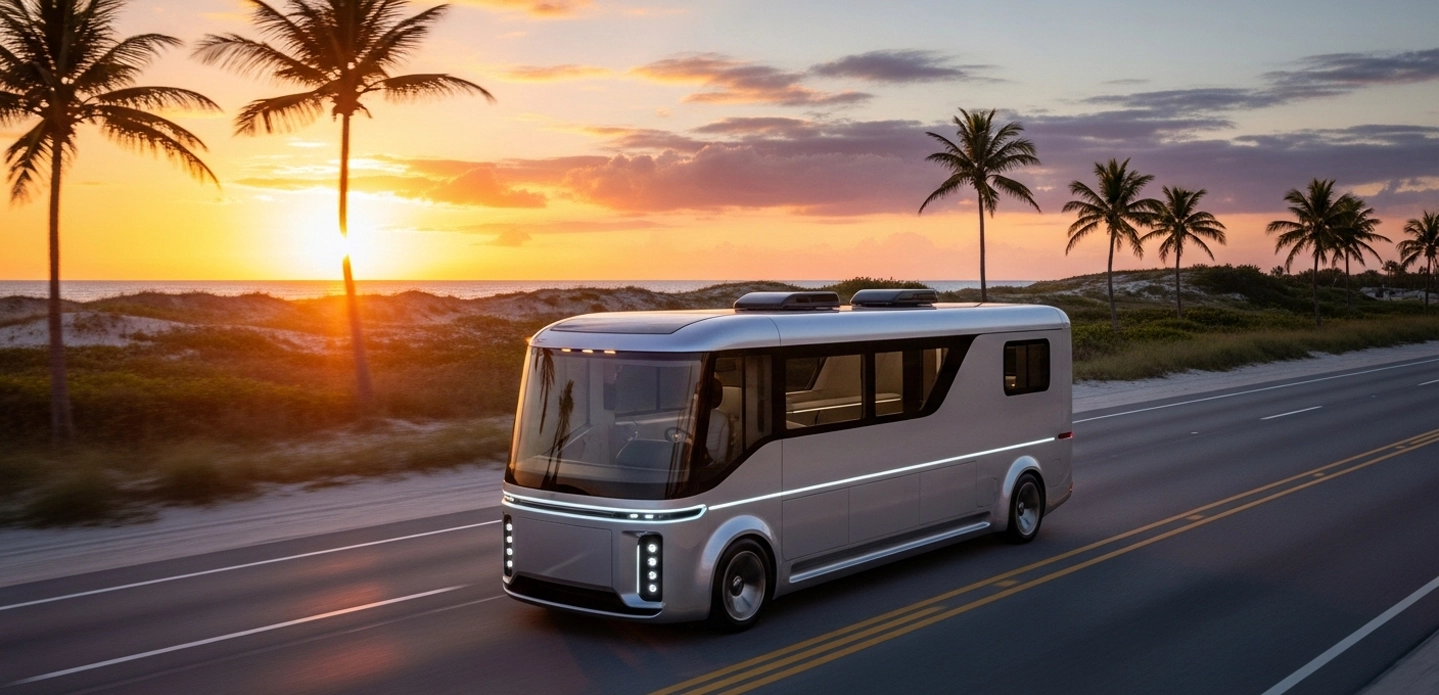 Hero image of an RV parked by a beach at sunset, symbolizing personalized RV insurance in Florida.