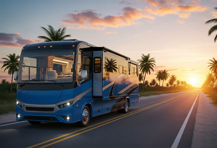 An RV parked by a lake at sunset, symbolizing RV insurance for Florida adventures.