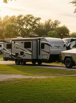 A fifth wheel trailer and a travel trailer, representing Fifth Wheels & Travel Trailers insurance.